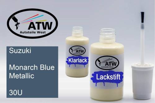 Suzuki, Monarch Blue Metallic, 30U: 20ml Lackstift + 20ml Klarlack - Set, von ATW Autoteile West.